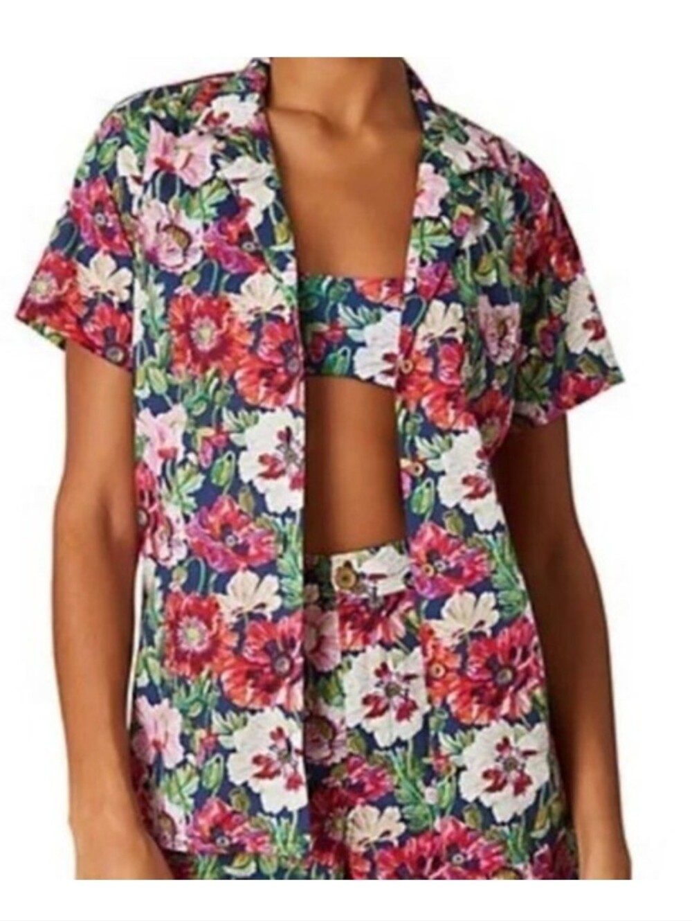 2 Pieces Onia Navy Floral Short Sleeve Button- with Pink & White Blooms